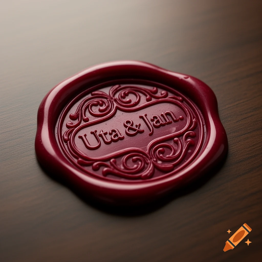 Close-up of a deep red wax seal on a dark wooden surface, embossed with "Uta & Jan" and ornate scrollwork.
