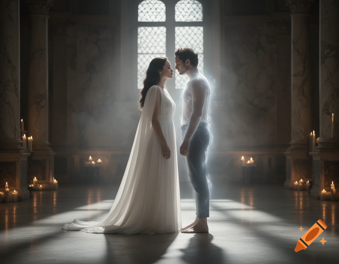 A woman in a white gown and a man with a glowing aura face each other in a dimly lit, grand hall with pillars and candles, dramatic lighting.