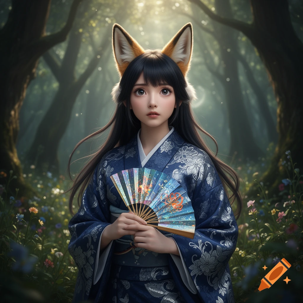 An anime girl with fox ears wearing a blue kimono, holding a fan in a sunlit fantasy forest.