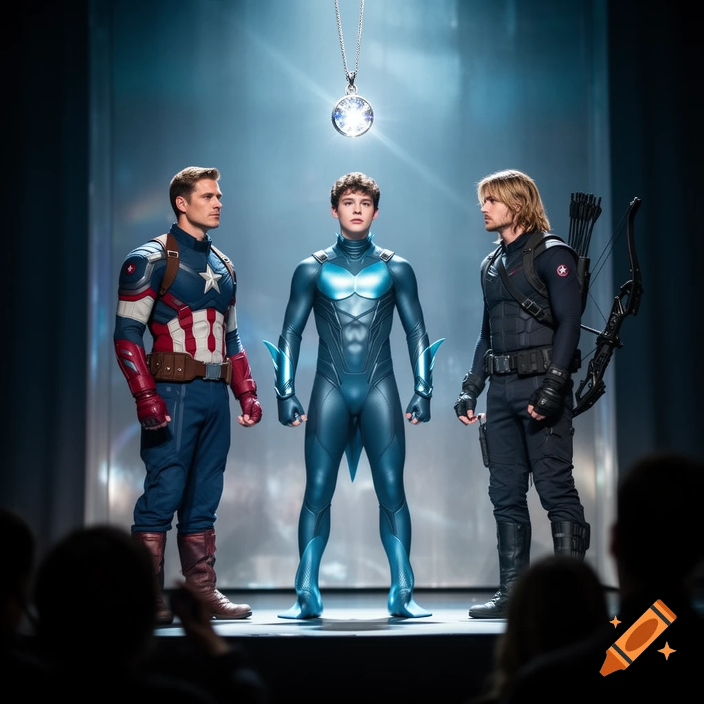 Three superheroes, including Captain America and Hawkeye, stand on a stage beneath a glowing pendant, viewed from a crowd.