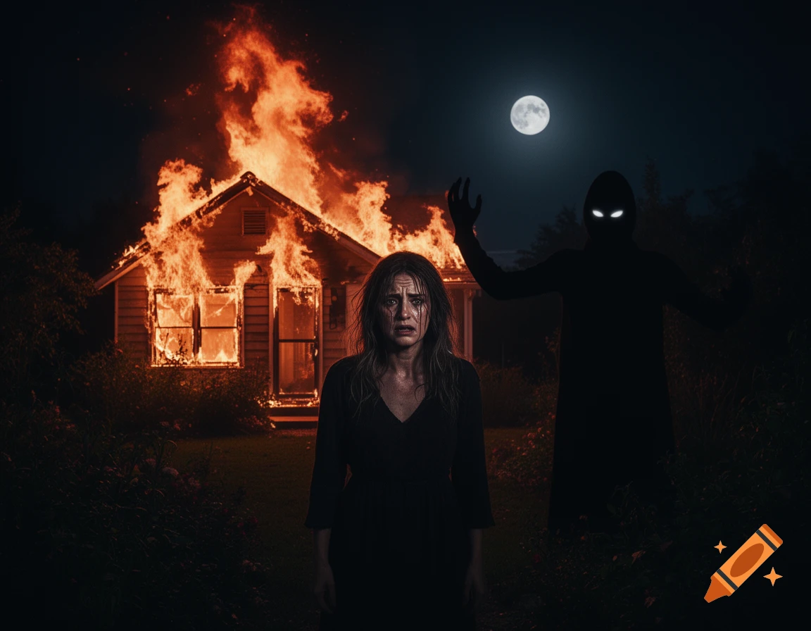 A terrified woman stands in a garden in front of a burning house, with a shadowy figure and a full moon behind her at night.