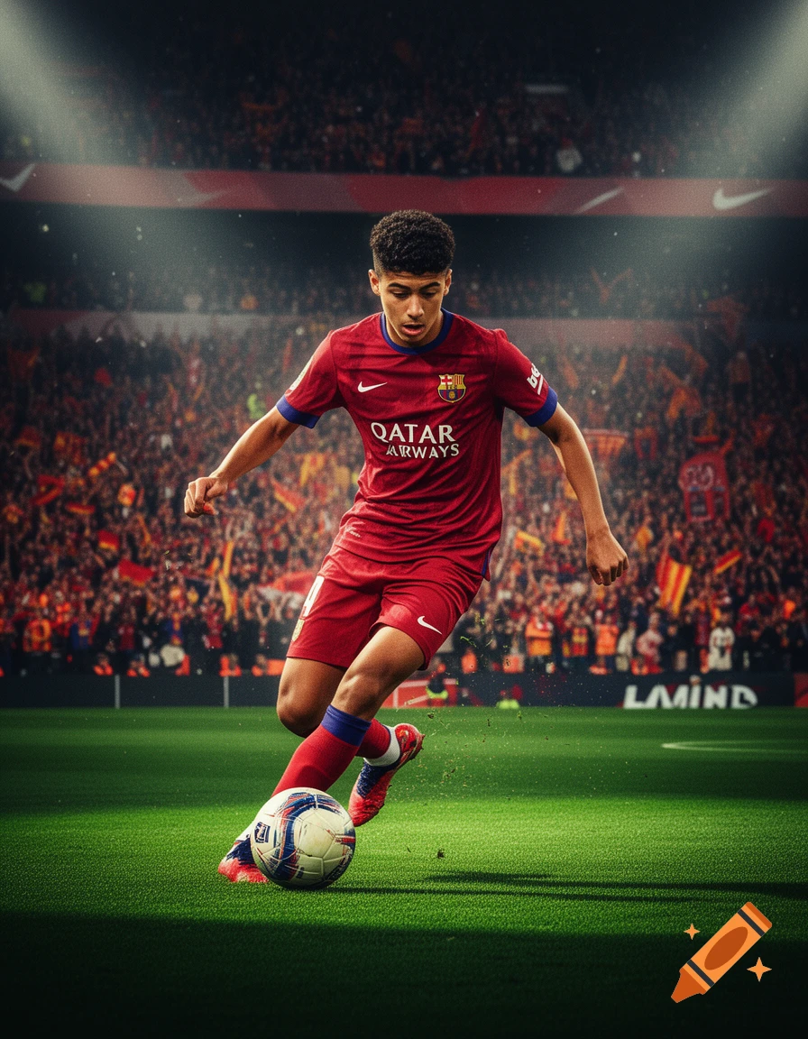 A male footballer in a red and blue jersey with "QATAR AIRWAYS" text and a FC Barcelona crest, dribbling a ball on a green pitch in a stadium filled with fans. The image has a dynamic, photorealistic style.