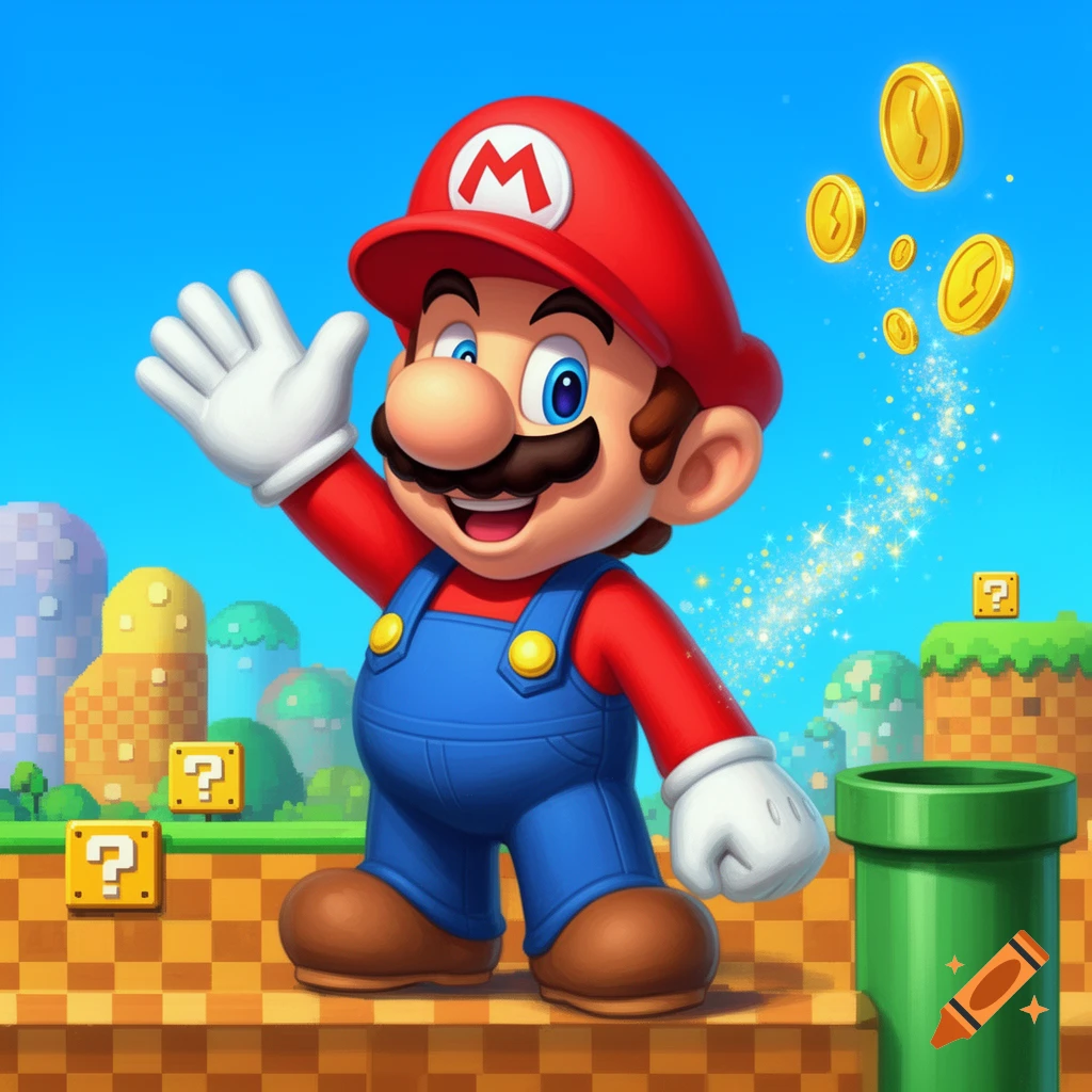 Cartoon Mario in red hat and blue overalls waves from a Super Mario Bros. landscape with coins, question blocks, and a green pipe.