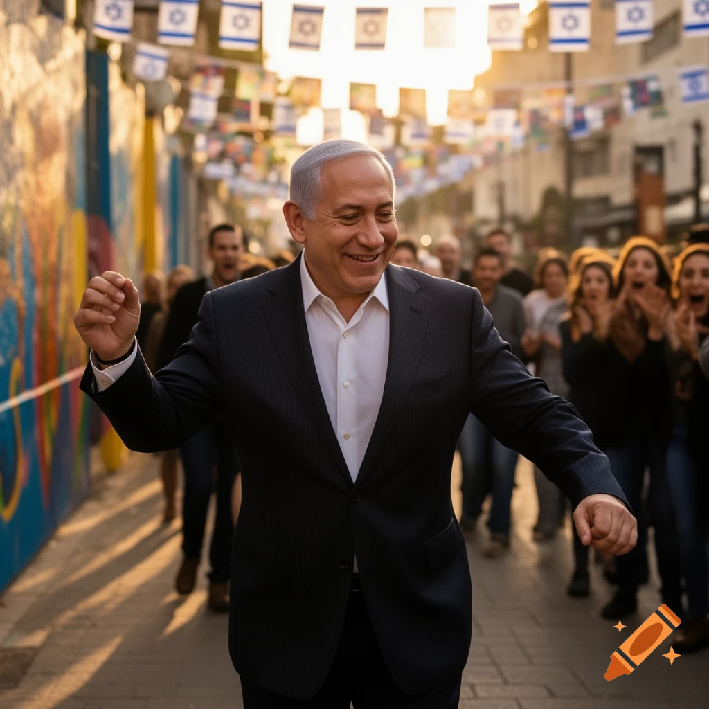 Photorealistic image of Benjamin Netanyahu smiling and walking through a cheering crowd under Israeli flags at golden hour.