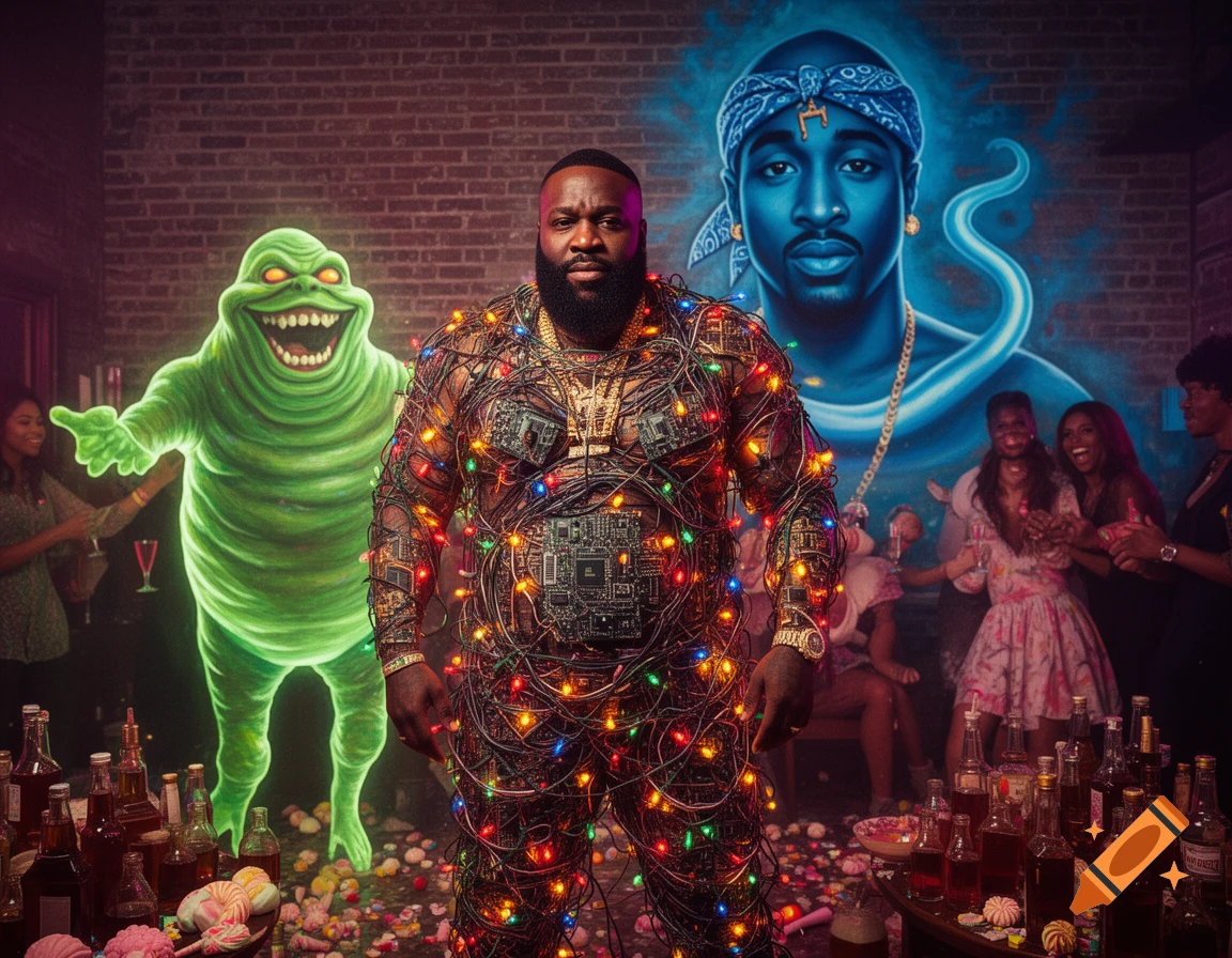 Rick Ross, covered in circuitry, wires, and Christmas lights, stands at a lively party with Slimer and a blue Tupac genie mural in the background.