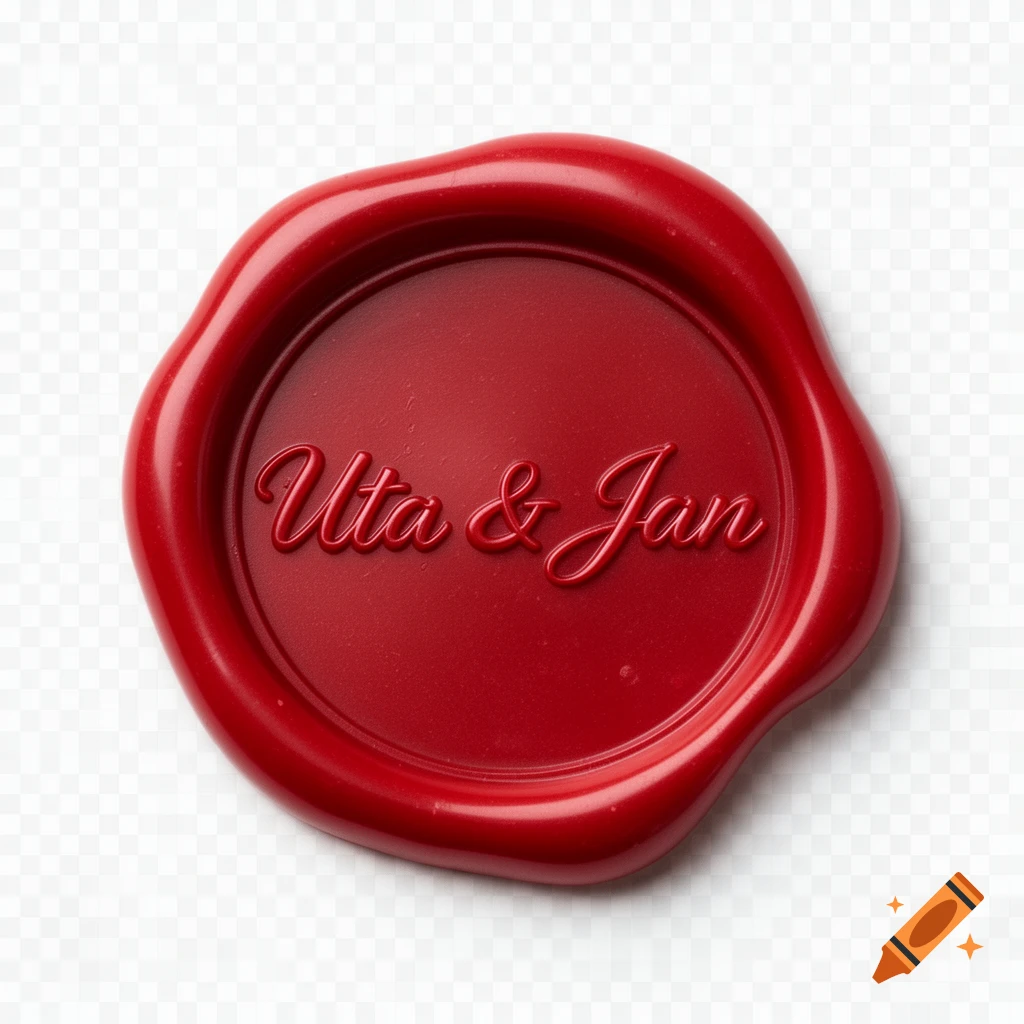 A red wax seal with the names "Uta & Jan" embossed in a elegant script, set against a transparent background.