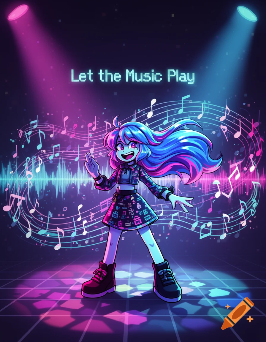 An anime character with blue and pink hair dances on a glowing stage surrounded by musical notes and neon lights, text says 'Let the Music Play'.