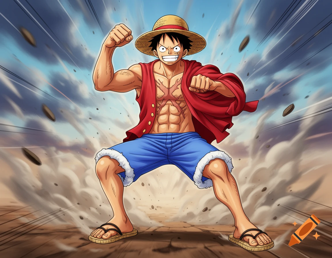 Anime character Monkey D. Luffy in an action pose, flexing his muscles with a determined smile, against a dusty, cloudy background.