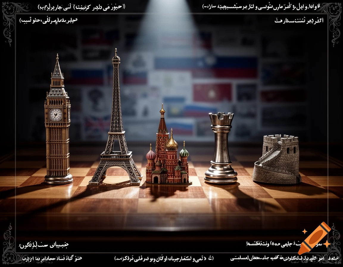 Five miniature landmark replicas including Big Ben, Eiffel Tower, St. Basil's, a Rook, and a Great Wall section on a chessboard, with blurred flags in the background.