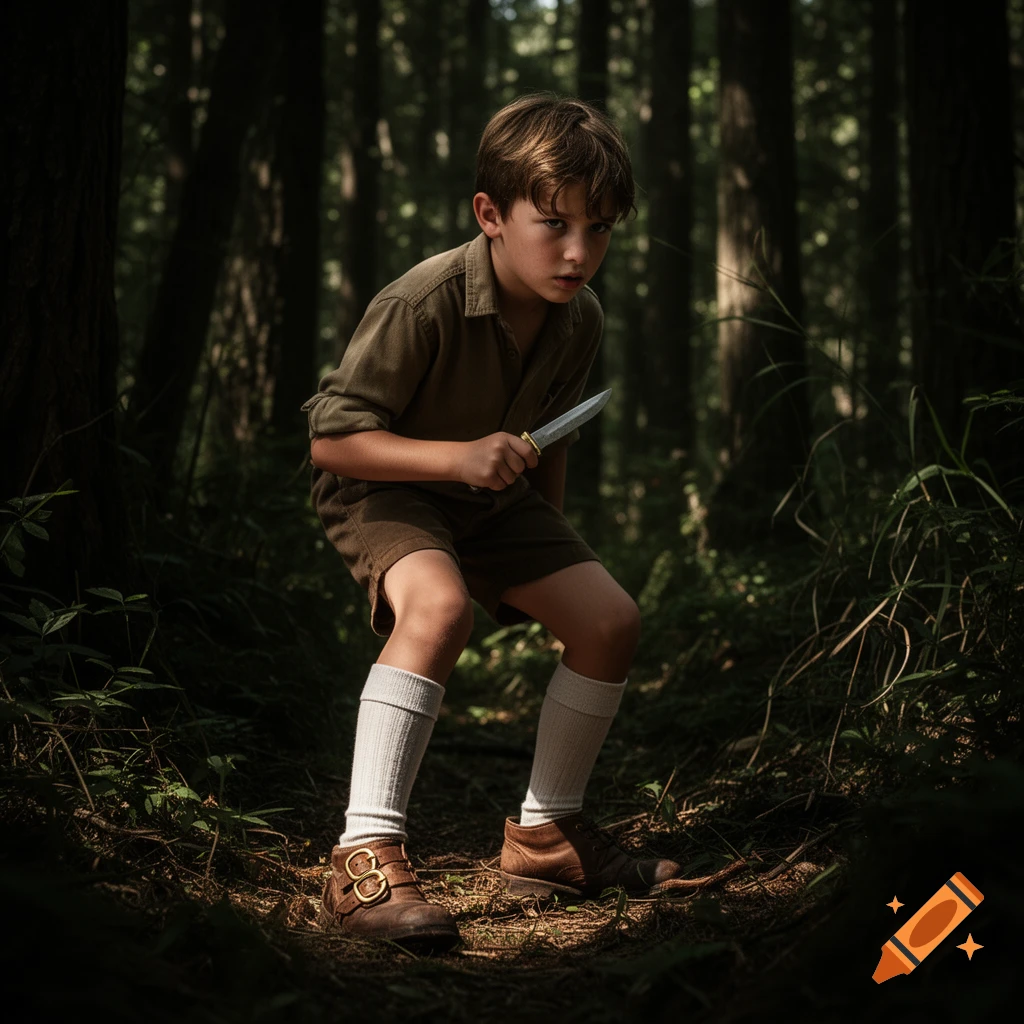 A young boy in old-fashioned clothing and long socks stands cautiously in a dark forest, holding a small knife.