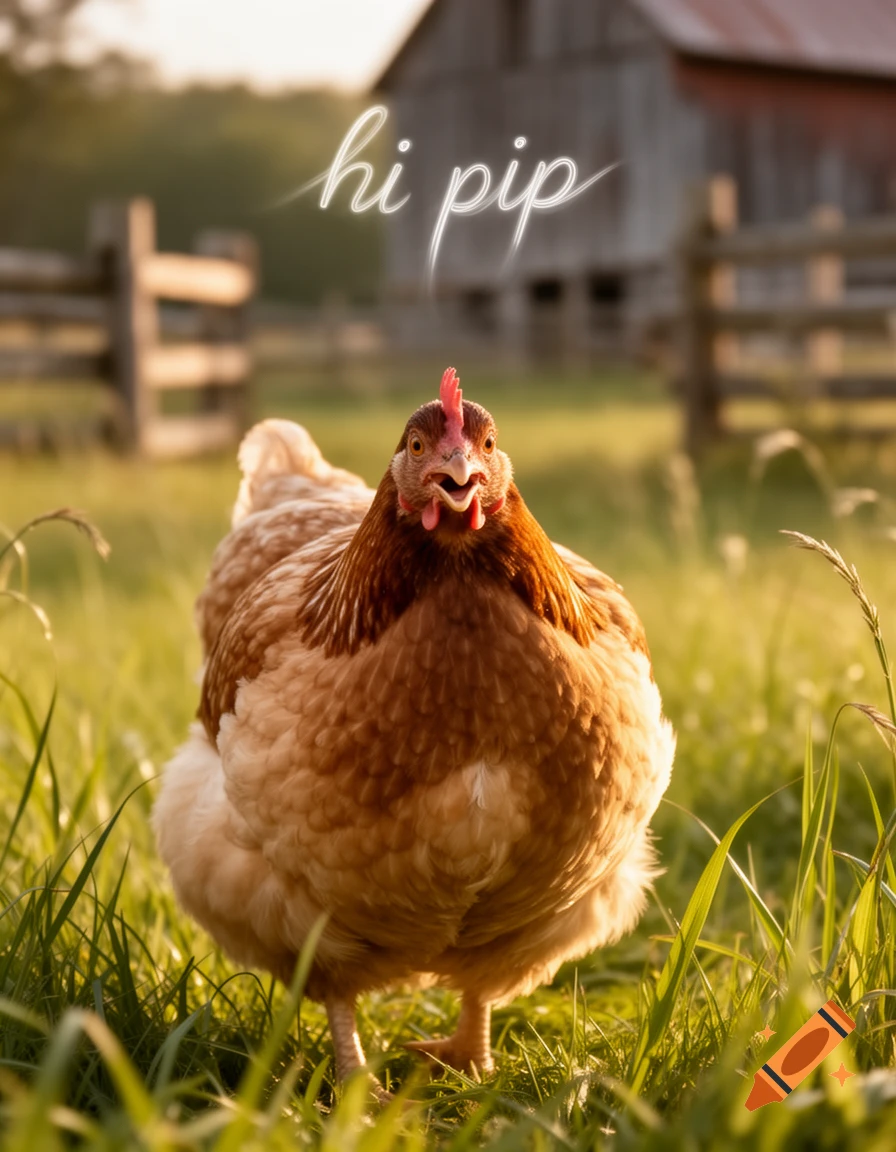 Photorealistic close-up of a chicken in a sunny grassy field, looking at the viewer. 'hi pip' text floats above its head.