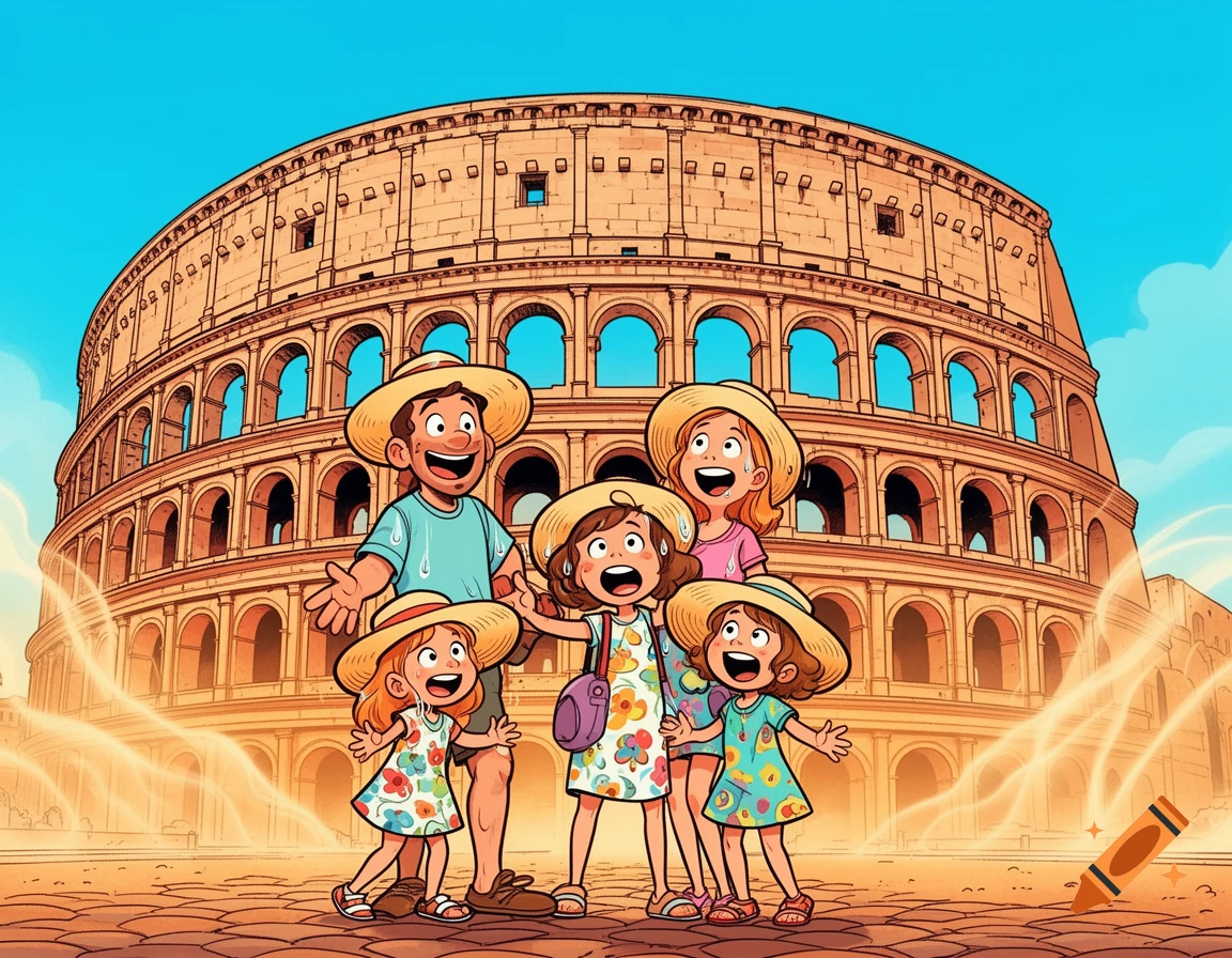 A cheerful cartoon family in sun hats stands before the Colosseum in Rome, with shimmering heat haze.