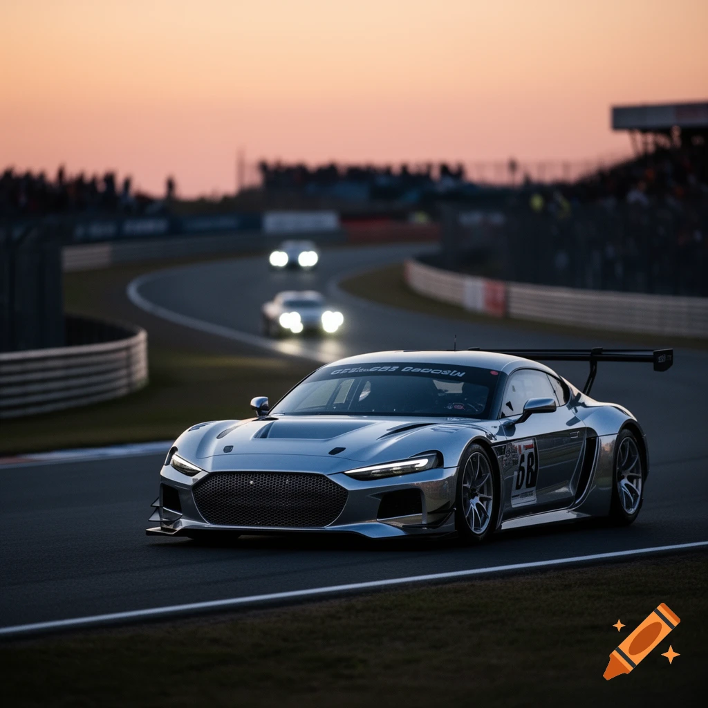 A silver race car on a track at dusk, with its headlights on, followed by two other cars in the distance and a crowd in the background.