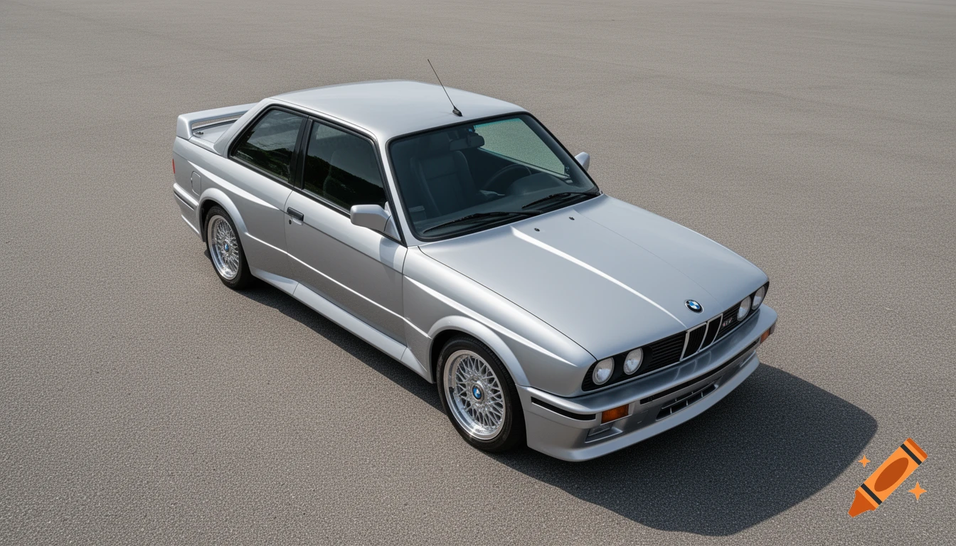 A pristine silver metallic BMW M3 E30 coupe from a bird's-eye top-down view on asphalt.