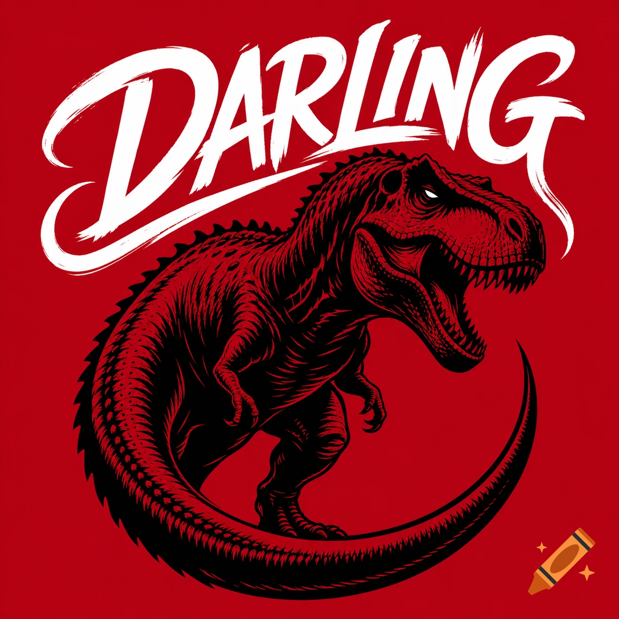 Stylized red and black illustration of a roaring T-Rex with the word DARLING in white above it.