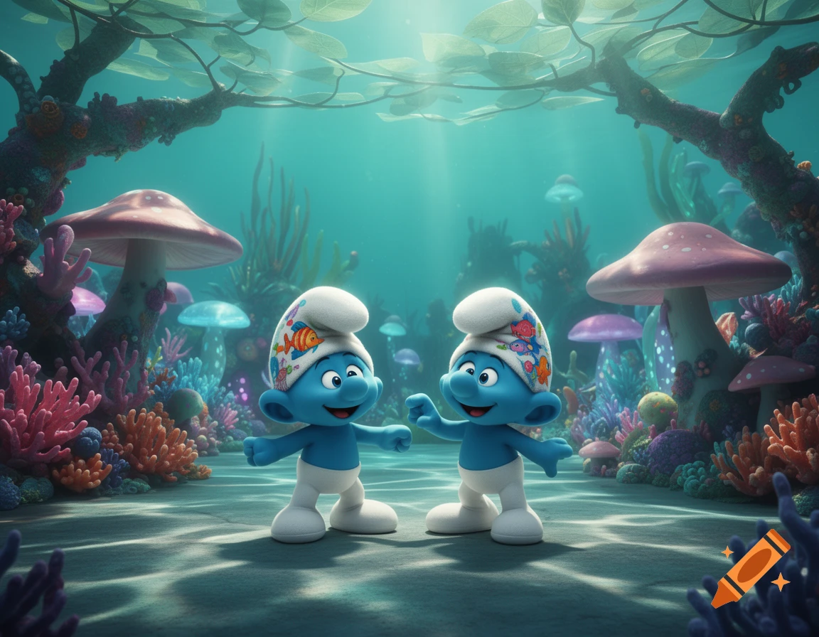 Two blue Smurf-like characters with decorated hats stand in a vibrant underwater fantasy scene with colorful coral and large mushrooms.
