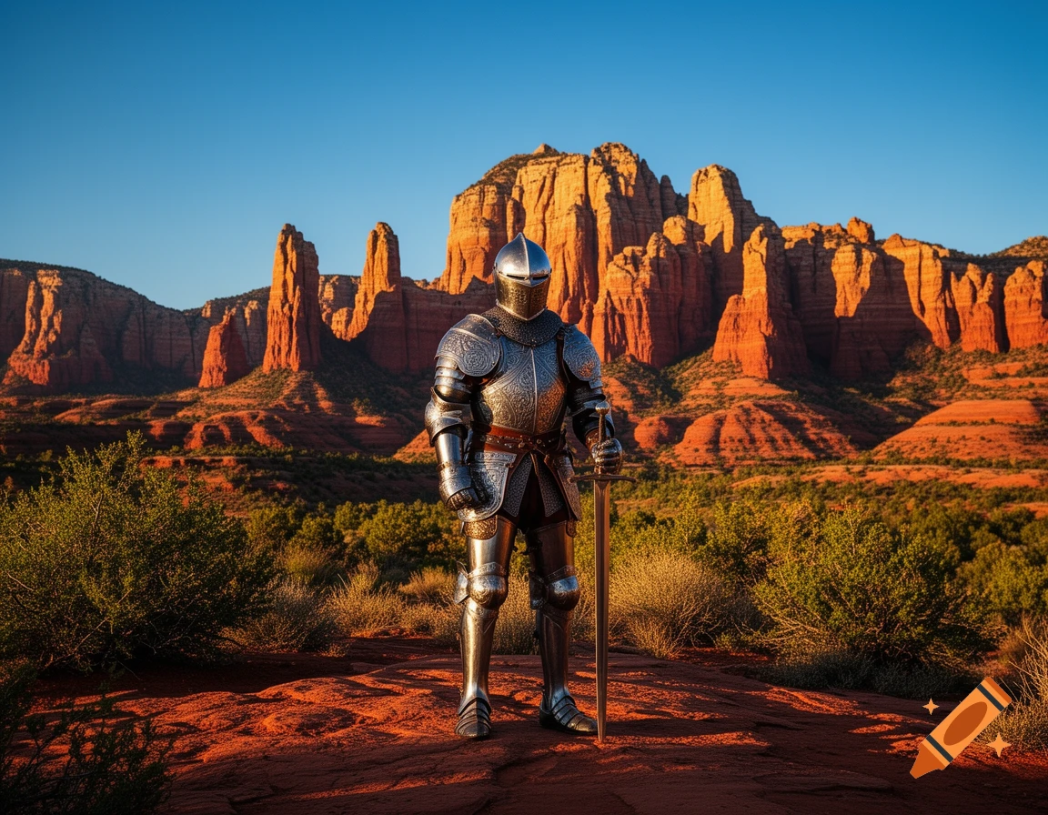 A knight in full plate armor stands with a sword in a red rock desert landscape under a clear blue sky.