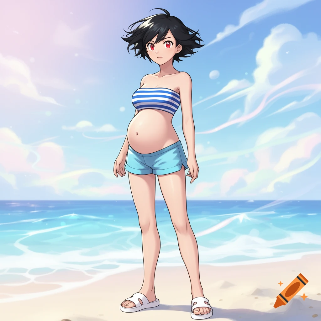 An anime woman with short black hair and red eyes, visibly pregnant, wears a blue and white striped tube top, light blue shorts, and white sandals on a sunny beach.