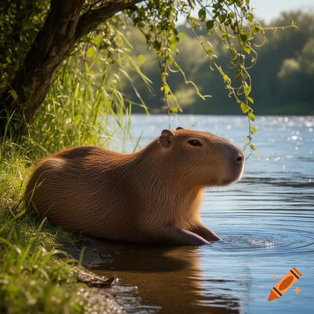 A photorealistic image of a capybara sitting partly in a calm river near a grassy bank, under a tree, with sunlight reflecting on the water.
