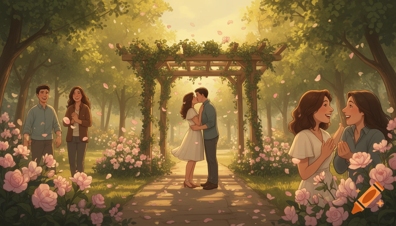 Illustration of a couple kissing under a rose-covered arbor in a sunlit park with other happy people and falling petals.
