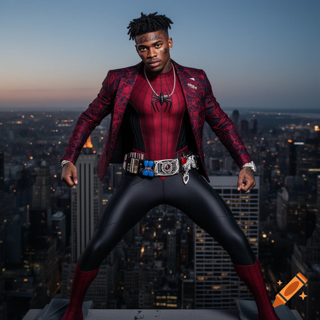 A man with dreadlocks, wearing a red and black Spider-Man suit with a patterned red jacket and an ornate belt, stands on a rooftop overlooking a city at dusk.
