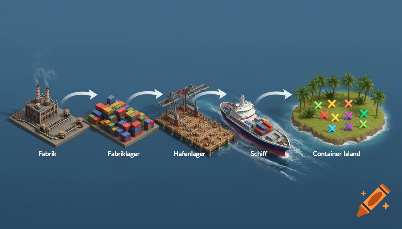 Isometric diagram showing a container shipping supply chain: factory, storage, port, ship, and container island.