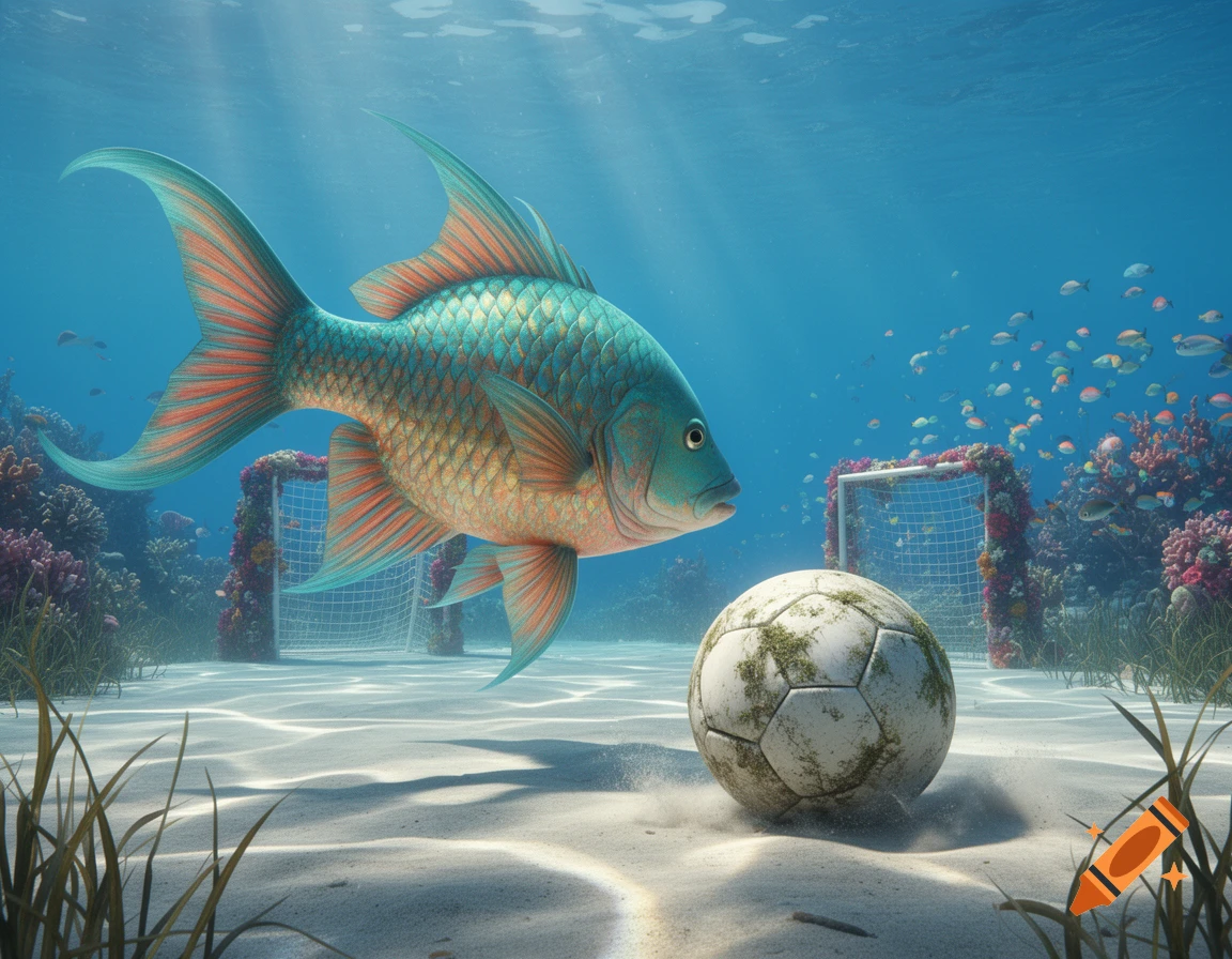 A large, colorful fish stares at a mossy soccer ball on the sandy seafloor, with coral reefs and two underwater goalposts in the background.