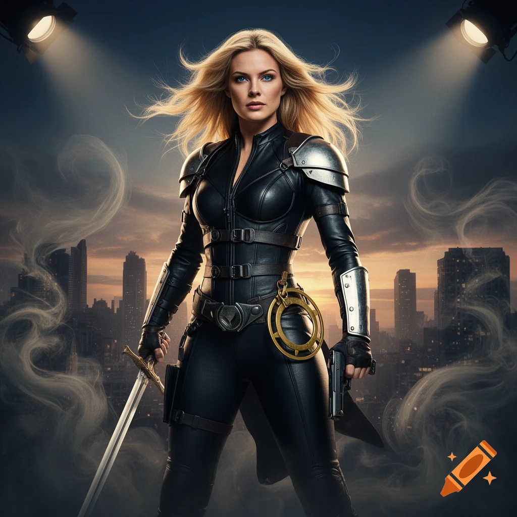A fierce blonde female warrior in black tactical gear and armor stands with a sword and a gun against a city skyline at dusk, under spotlights.