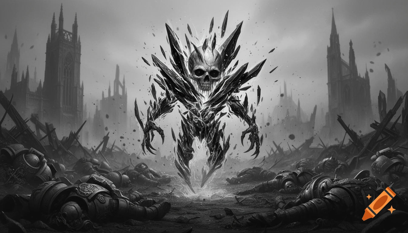 A monochrome, grimdark image of a skull-faced, shard-like daemon rising from a ruined battlefield amidst fallen armored warriors and gothic structures.