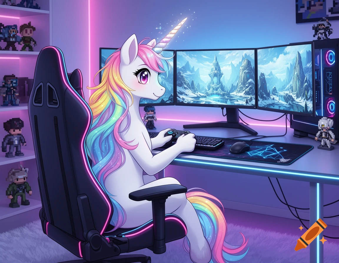 A colorful anime unicorn with a rainbow mane sits in a black gaming chair, playing video games on a triple-monitor PC setup in a neon-lit room filled with pixel art figures.