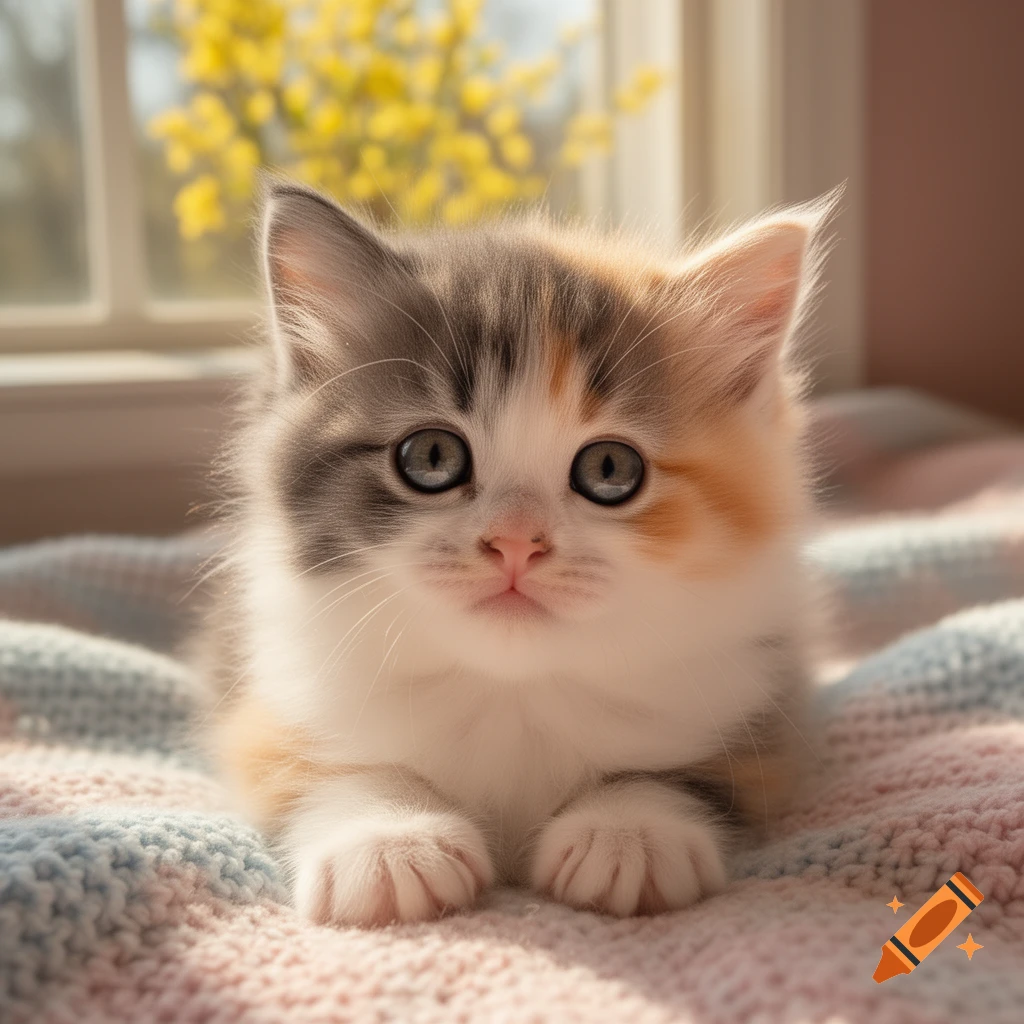 A cute calico kitten with large blue eyes lies on a pastel knitted blanket by a window with yellow flowers.