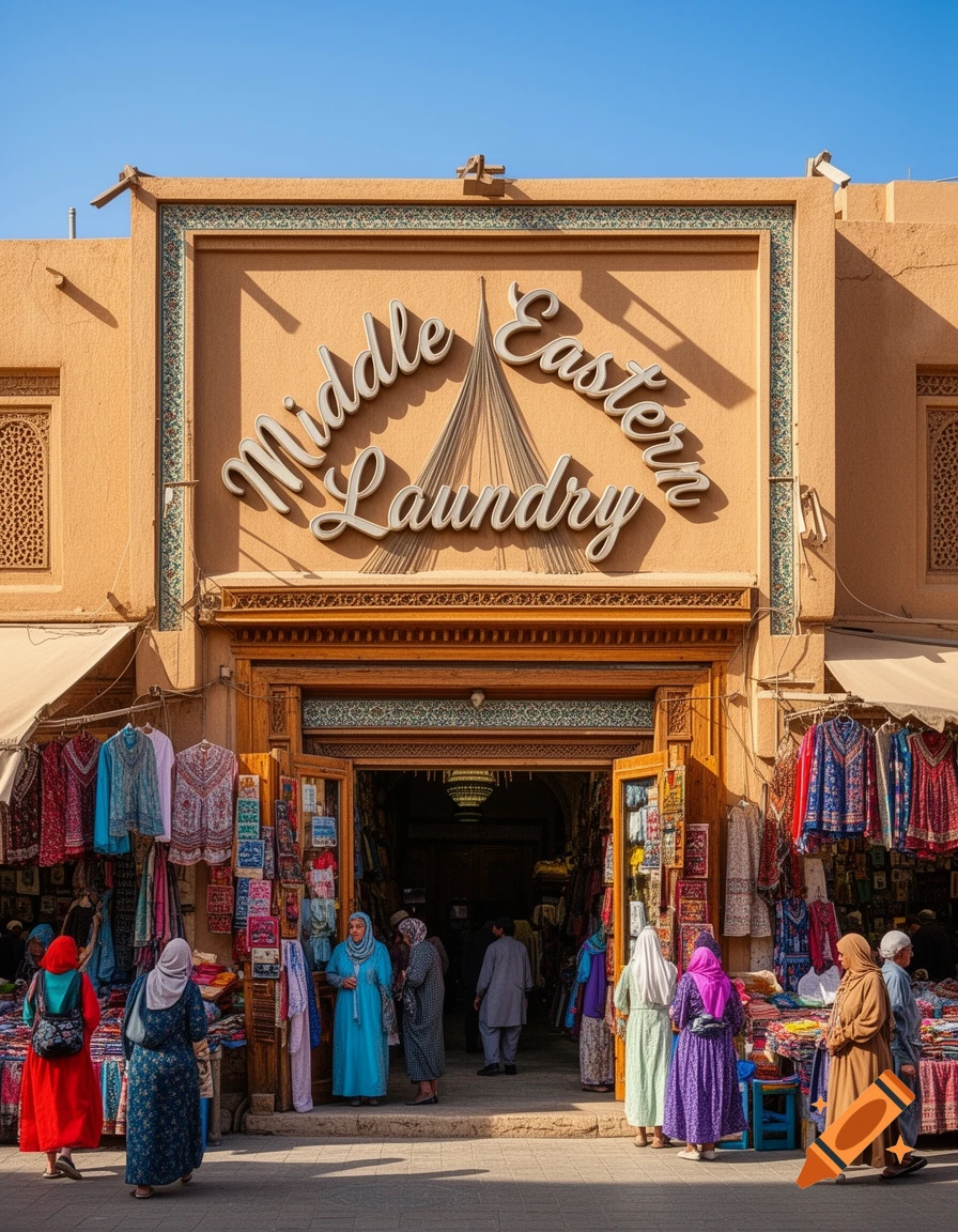 A bustling street scene showing a 'Middle Eastern Laundry' shop with a curved sign and people in traditional attire.