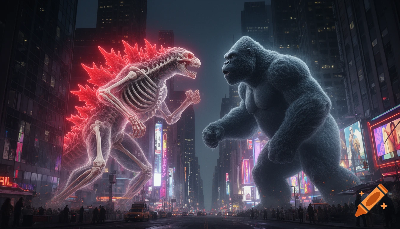 Skeleton Godzilla with red glowing spines battles a fuzzy King Kong in a nighttime New York City street lined with neon signs.
