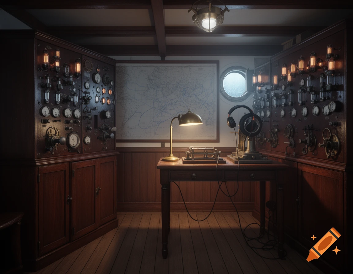 Photorealistic vintage radio room with glowing vacuum tubes, dials, morse code key, and headphones on a desk, a map and porthole in the background.