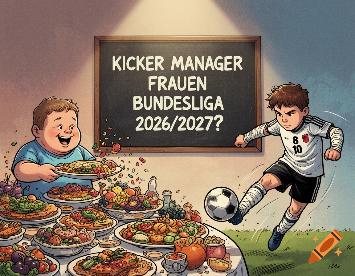 A comic scene with a boy eating at a buffet, a boy playing soccer, and a chalkboard sign in the middle.