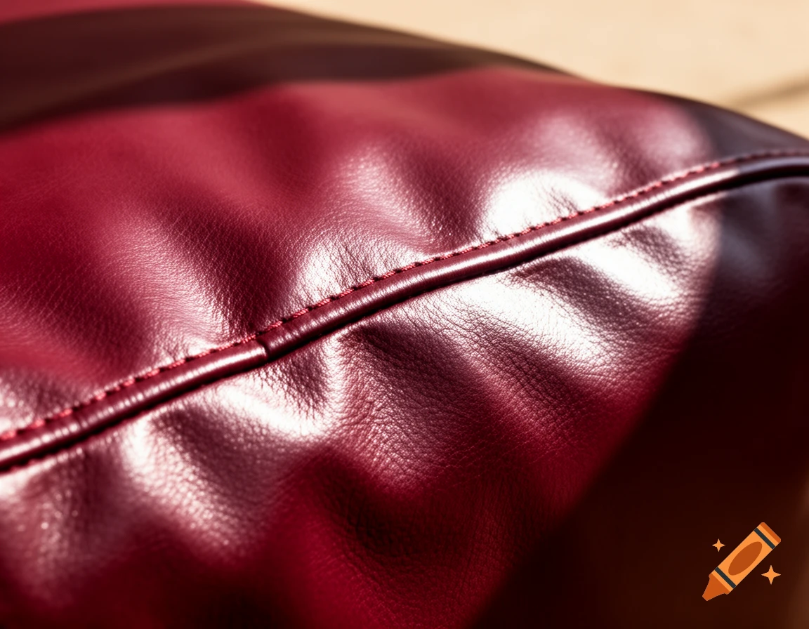 A close-up of deep red, textured Naugahyde material with a prominent stitched seam and shining highlights, creating wrinkles and shadows.