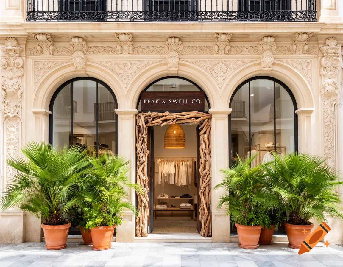 A "Peak & Swell Co." apparel store in a historic Art Nouveau building with arched windows, potted fan palms, and a driftwood entrance.