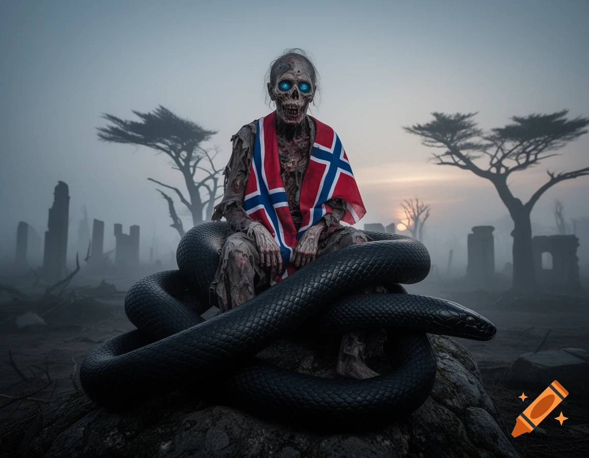 A zombie in a Norwegian flag with glowing blue eyes sits on a gigantic black mamba in a foggy, ruined landscape.