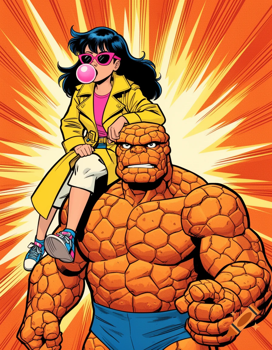 Jubilee, wearing pink sunglasses and a yellow coat, sits on the Thing's shoulder, blowing a pink bubble, against a vibrant orange and yellow comic book background.
