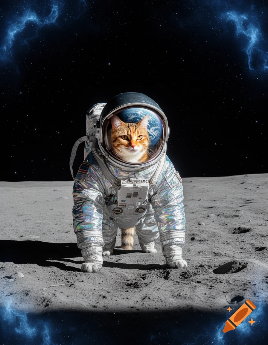 An orange tabby cat in a shiny astronaut suit stands on the moon, with Earth reflected in its helmet and blue cosmic dust.