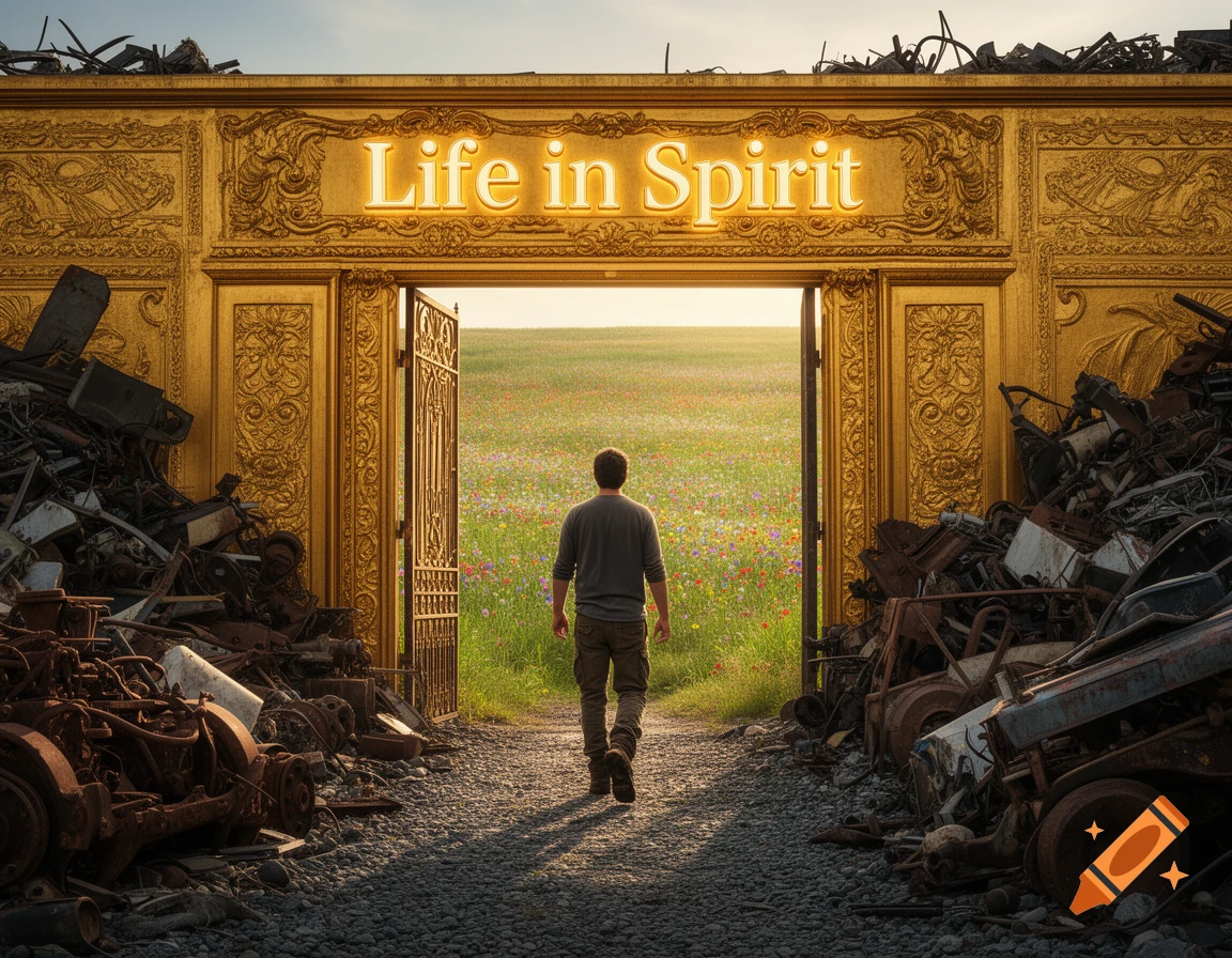 A man walks away from a junkyard through a golden gate towards a vibrant meadow under a bright sky. The gate reads 'Life in Spirit'.
