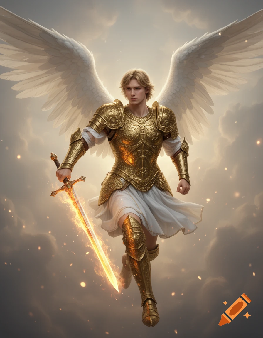 A hyper-realistic archangel in golden armor, white tunic, and large white wings, holding a flaming sword, floating in a cloudy sky.