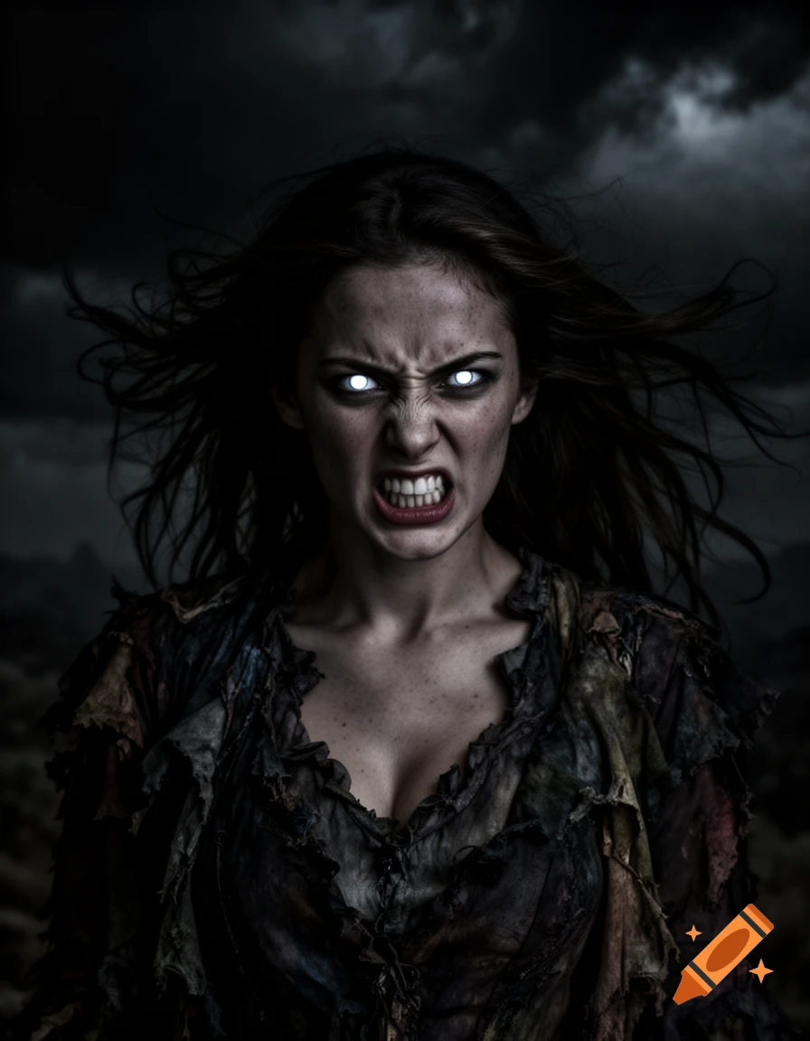 A woman with glowing white eyes, a furious snarl, and messy dark hair, wearing torn clothing against a stormy dark sky.