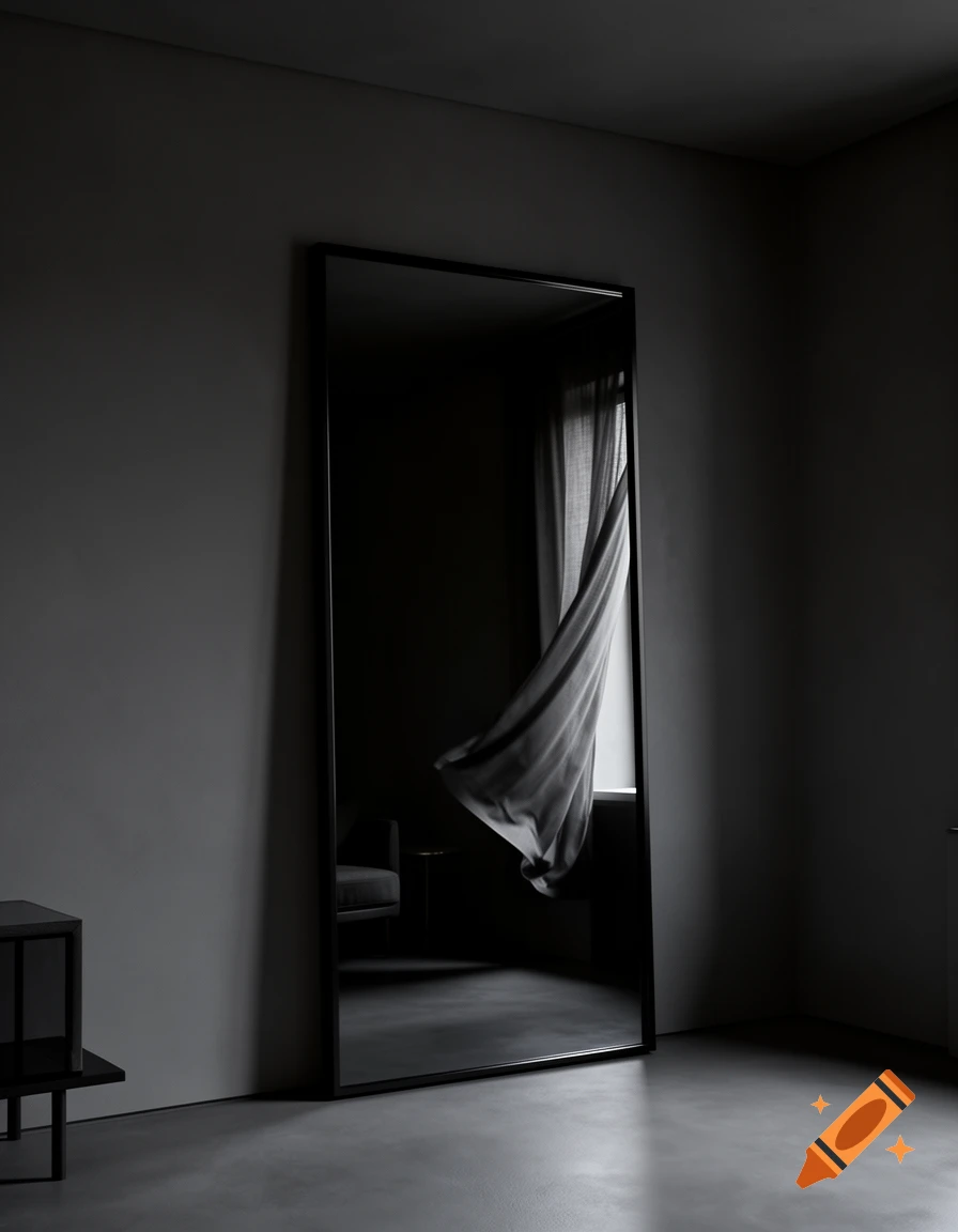 A full-length mirror leans against a dark grey wall in a dim room, reflecting a window with a blowing curtain.