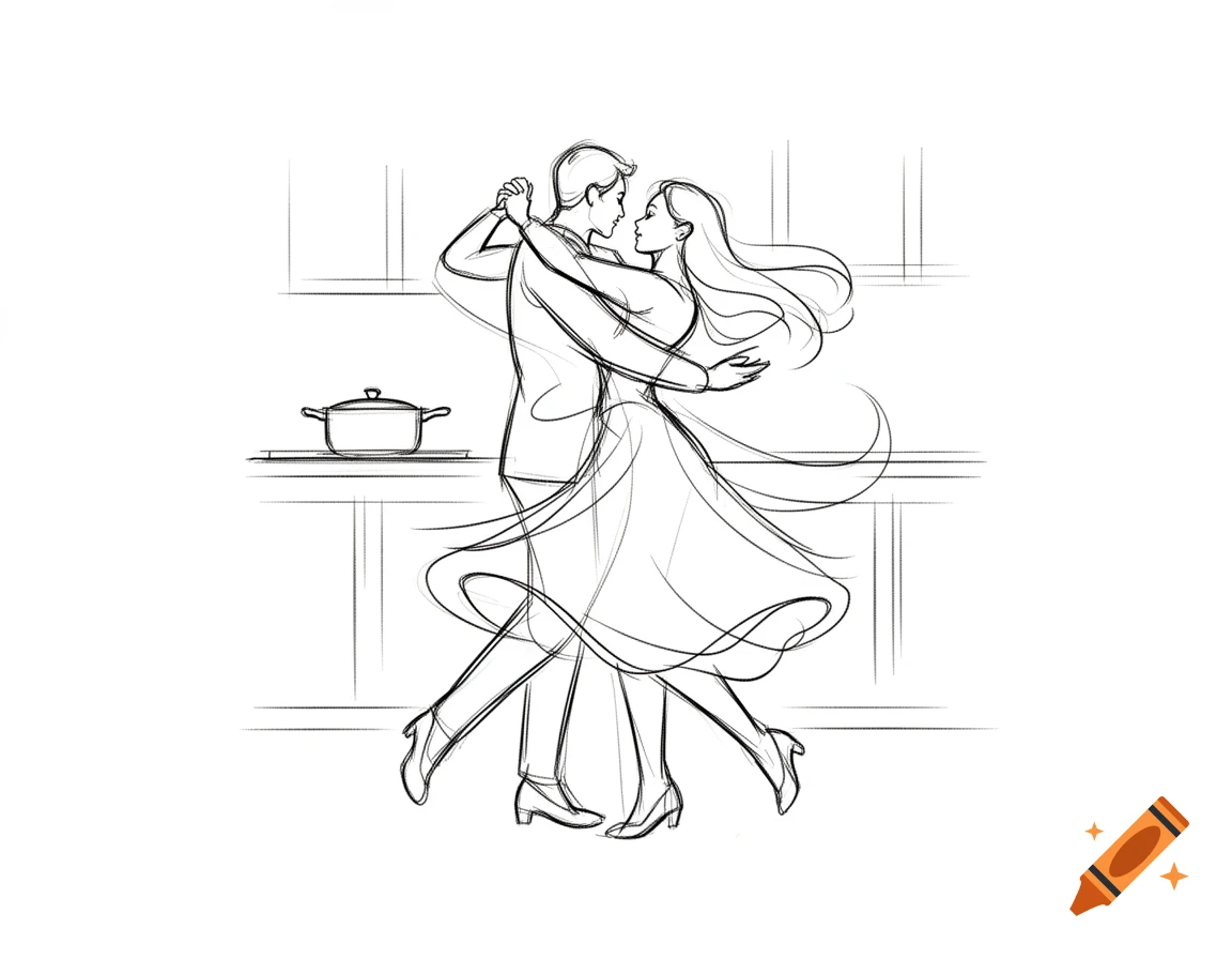 A simple line art sketch of a man and a woman dancing in a kitchen.