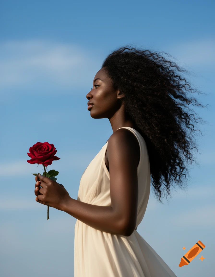 A Black woman in profile holds a red rose against a clear blue sky, her curly hair blowing in the wind. Photorealistic.