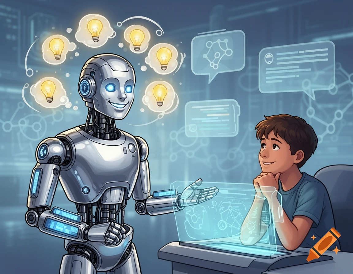 A friendly robot with glowing eyes and lightbulb thought bubbles talks to a smiling student at a holographic desk in a futuristic setting.