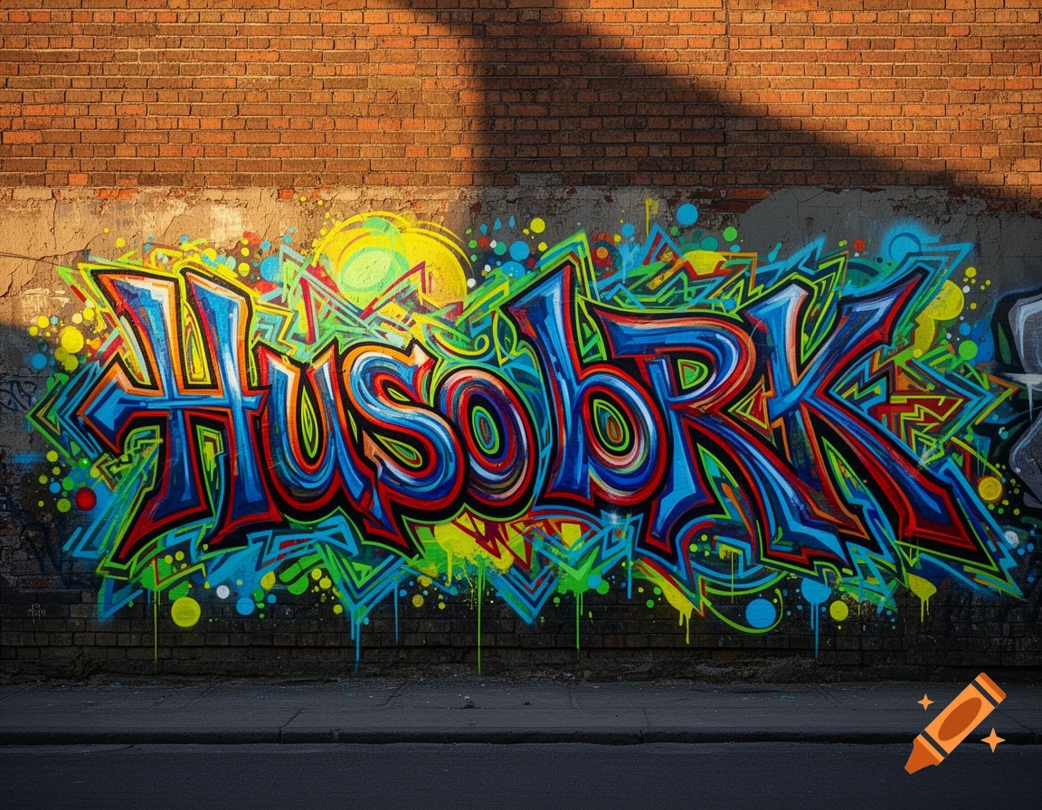 Vibrant wildstyle graffiti spelling 'HUSOBRK' on a brick and concrete wall, bathed in sunlight.