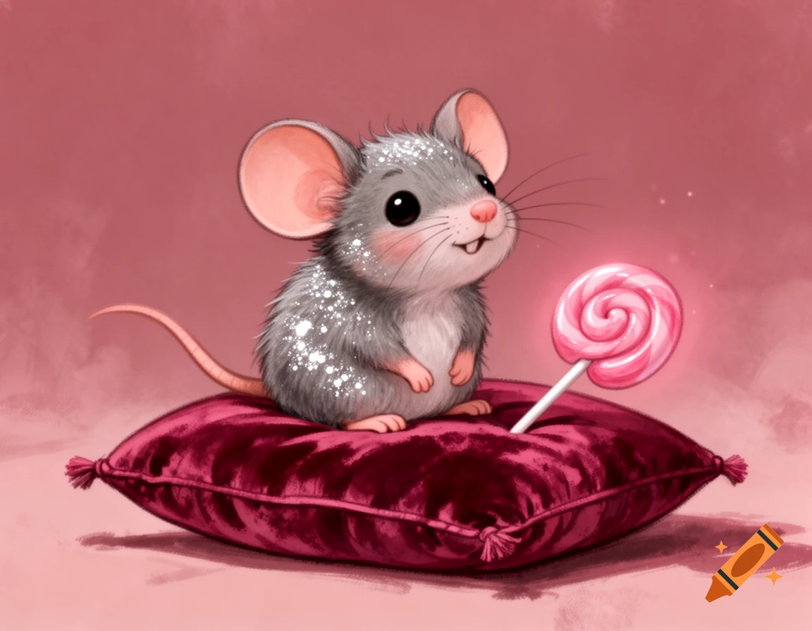 A cute, glittery grey mouse with big ears sits smiling on a dark pink velvet cushion next to a glowing pink lollipop, against a raspberry pink background.