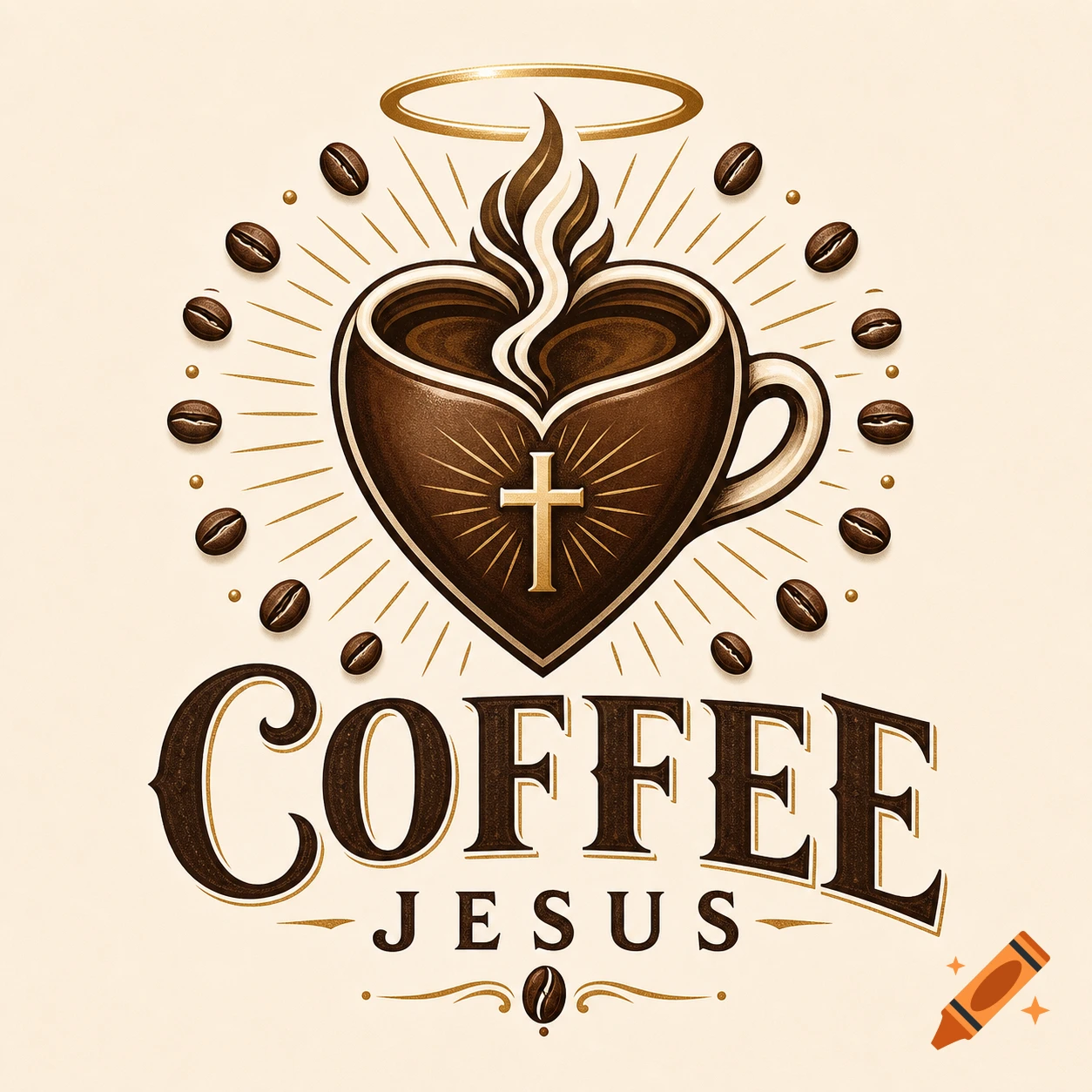 Stylized logo featuring a heart-shaped coffee cup with a cross and halo, surrounded by coffee beans and light rays, with the text 'COFFEE JESUS' below.